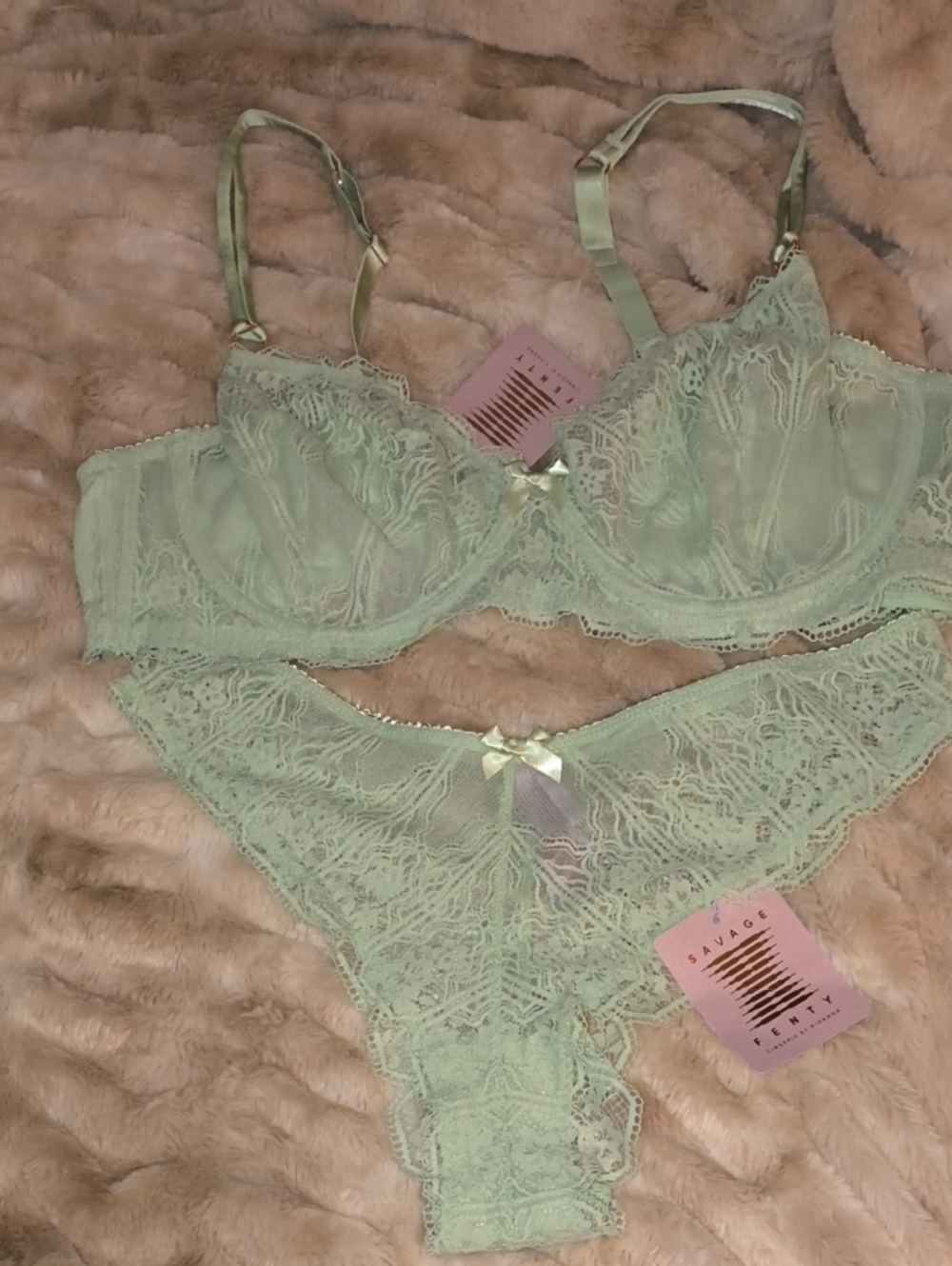 Savage X Fenty Deco Glass Lace Unlined Bra & Brazilian Panty Set